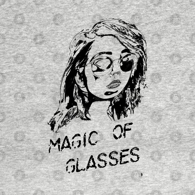 The magic of glasses , a black sketch of a woman with a caption . by Bird